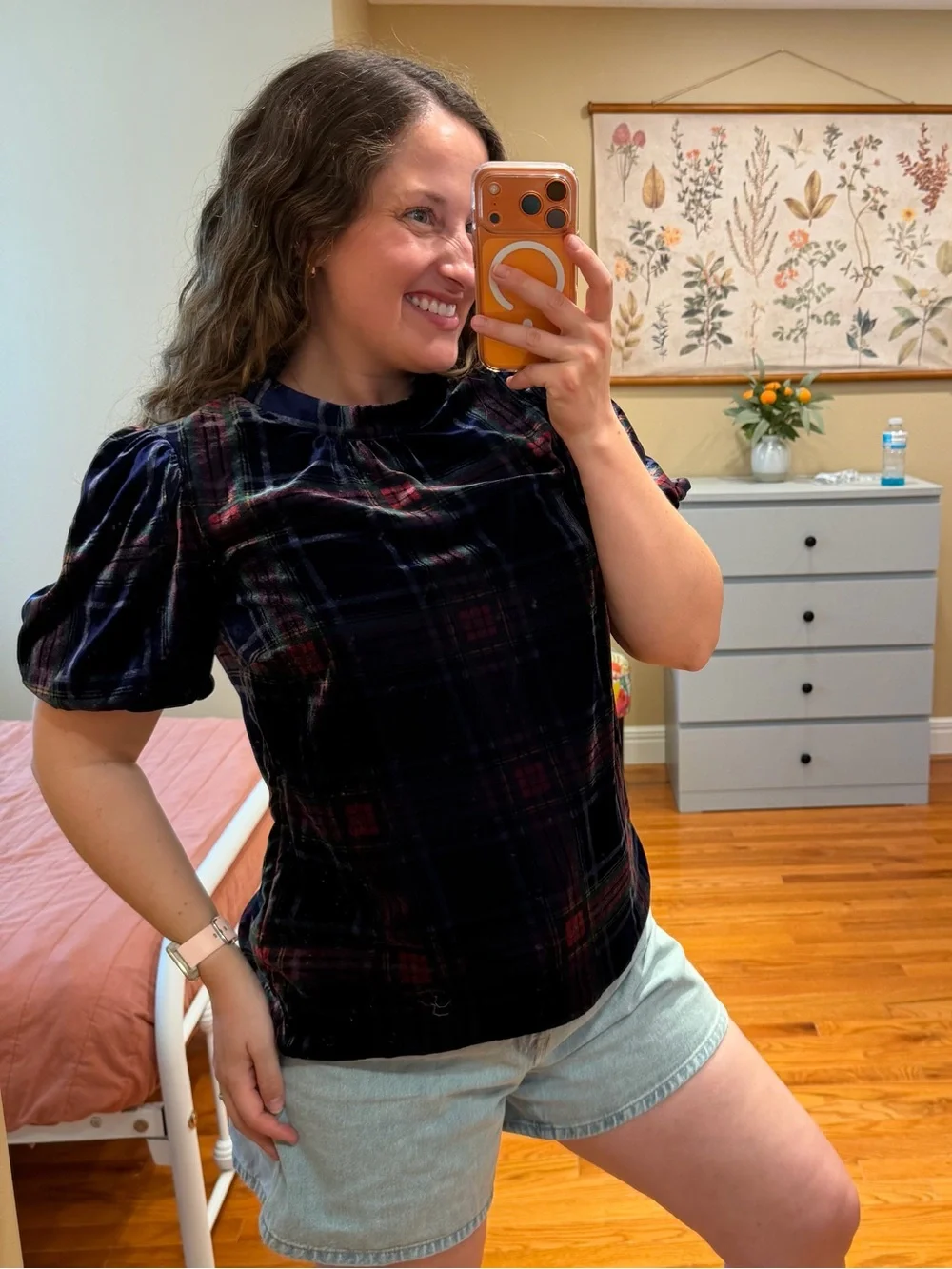 NWT Boden Velvet Plaid Short Sleeve Top - Navy/Deep Burgundy 8